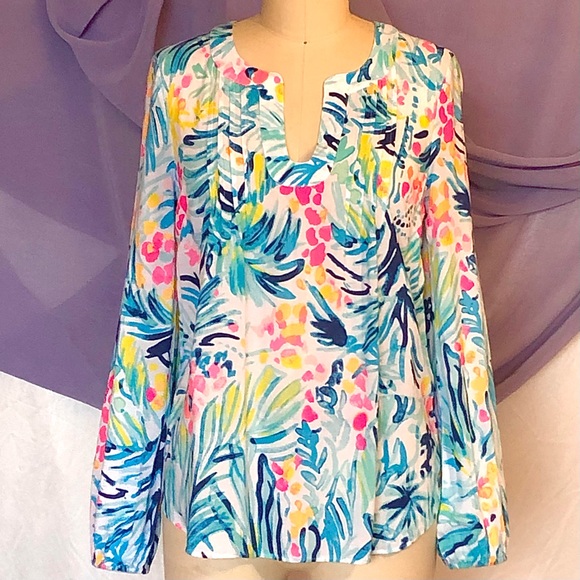 Like New Vintage Lilly Pulitzer peasant white blue pink top Size XSmall Y2K - Picture 4 of 8